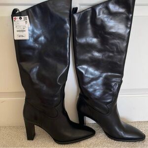COPY - ZARA NWT knee high black boots over knee faux leather chunky heel